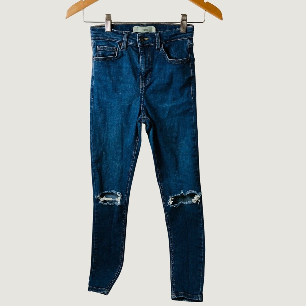 Topshop Jeans Women 26 Blue Jamie Moto Distressed High Rise Skinny Ripped Knee